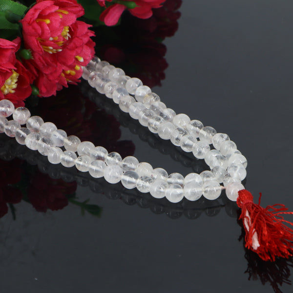 "Premium Smoky Sphatik Mala with polished smoky crystal beads, crafted for elegance, clarity, and spiritual significance."