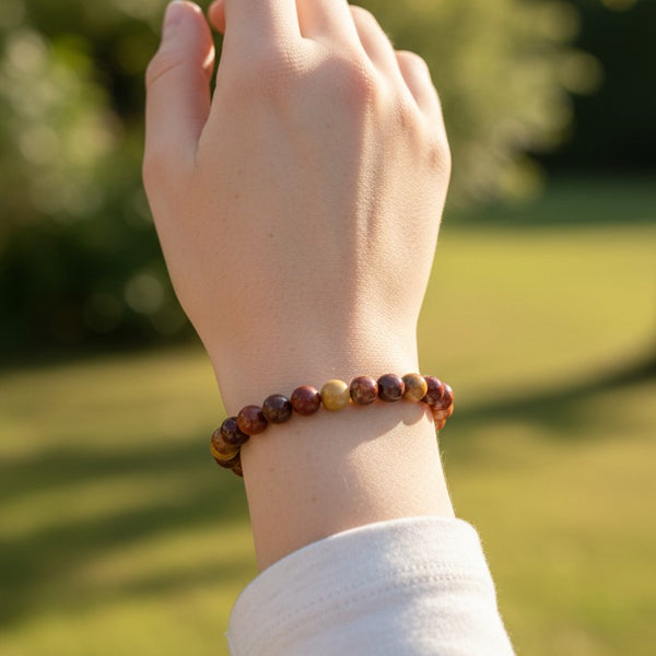 "Premium natural Mookaite Stone Bracelet with polished gemstone beads, crafted for elegance, beauty, and positive energy."