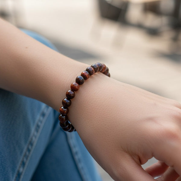 "Premium natural Red Tiger Stone Bracelet with polished gemstone beads, crafted for elegance, beauty, and positive energy."