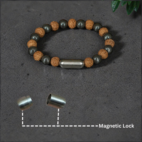 "Premium Rudraksha Pyrite Bracelet crafted with authentic Rudraksha beads and natural Pyrite stones for elegance, spirituality, and positive energy."