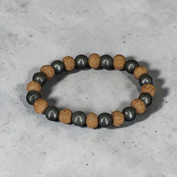 "Premium Rudraksha Pyrite Bracelet crafted with authentic Rudraksha beads and natural Pyrite stones for elegance, spirituality, and positive energy."