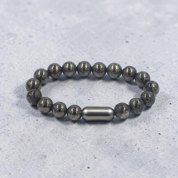 "Pyrite Stone Bracelet featuring natural Pyrite beads with a stylish design, associated with confidence, prosperity, and positive energy."