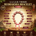 Bracelet for Wealth & Abundance featuring authentic 3 Mukhi, 4 Mukhi, 5 Mukhi, 6 Mukhi, and 7 Mukhi Rudraksha beads, designed for prosperity, positivity, and spiritual balance."