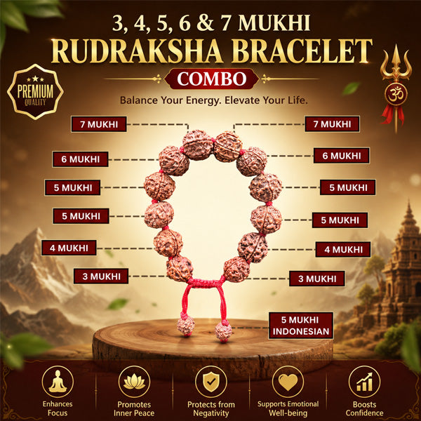 Bracelet for Wealth & Abundance featuring authentic 3 Mukhi, 4 Mukhi, 5 Mukhi, 6 Mukhi, and 7 Mukhi Rudraksha beads, designed for prosperity, positivity, and spiritual balance."