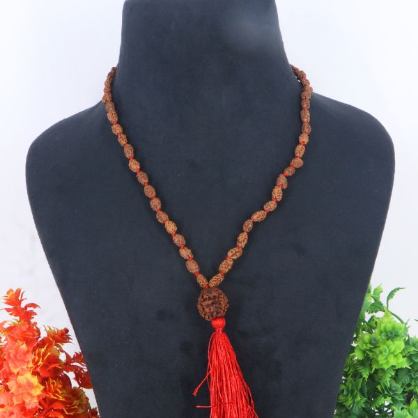 "Premium original 3 Mukhi Rudraksha Mala with 3 Mukhi Meru, crafted with authentic Rudraksha beads for spiritual significance and traditional elegance."