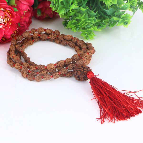 "Premium original 3 Mukhi Rudraksha Mala with 3 Mukhi Meru, crafted with authentic Rudraksha beads for spiritual significance and traditional elegance."
