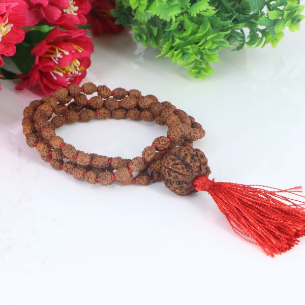 "Premium original 4 Mukhi Rudraksha Mala with 4 Mukhi Meru, crafted with authentic Rudraksha beads for spiritual significance and traditional elegance."