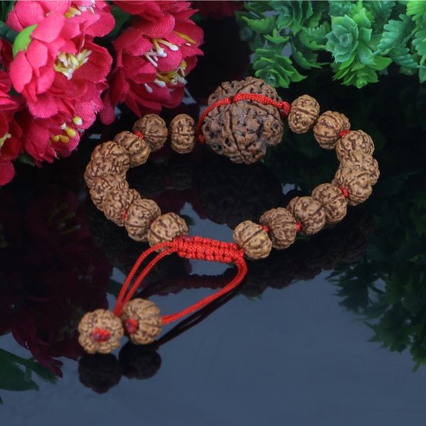 "Premium 5 Mukhi Rudraksha Bracelet with original Nepali and Indonesian Rudraksha beads, crafted for spiritual significance and traditional elegance."