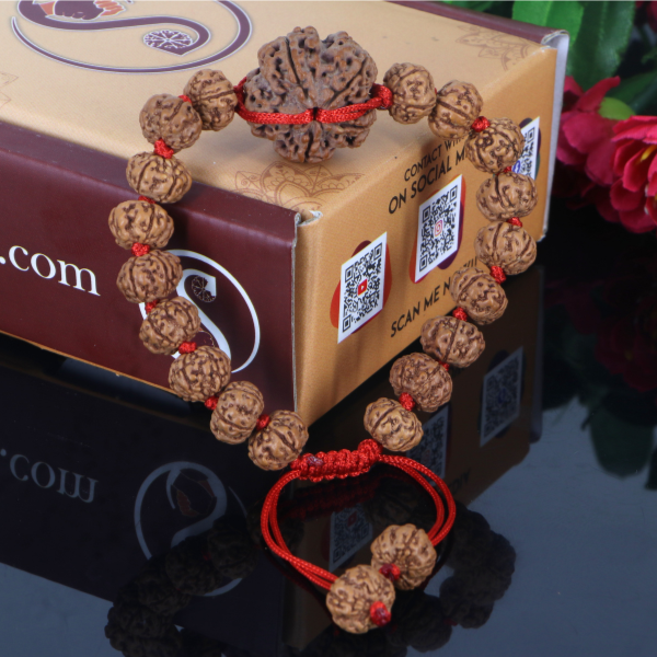 "Premium 5 Mukhi Rudraksha Bracelet with original Nepali and Indonesian Rudraksha beads, crafted for spiritual significance and traditional elegance."
