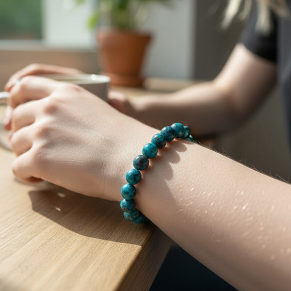 "Premium natural Chrysocolla Stone Bracelet with polished gemstone beads, crafted for elegance, beauty, and positive energy."