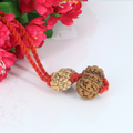 "Premium Rudraksha Kavach for relationships with two 2 Mukhi Rudraksha beads and one original Gaurishankar Rudraksha, crafted with spiritual and traditional significance."
