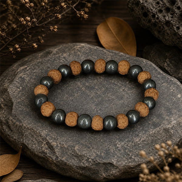"Premium Rudraksha Pyrite Bracelet crafted with authentic Rudraksha beads and natural Pyrite stones for elegance, spirituality, and positive energy."