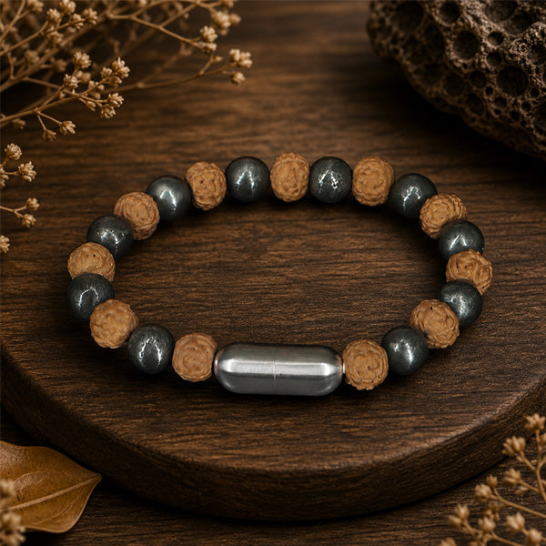 "Premium Rudraksha Pyrite Bracelet crafted with authentic Rudraksha beads and natural Pyrite stones for elegance, spirituality, and positive energy."