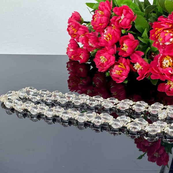 "Premium 54+1 Beads Sphatik Mala with pure silver, featuring natural crystal beads for elegance, clarity, and spiritual significance."