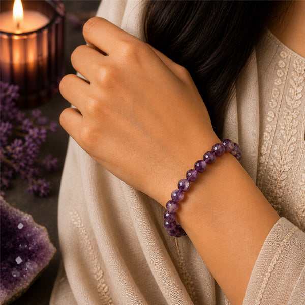 "Premium natural Amethyst Stone Bracelet with polished gemstone beads, crafted for elegance, beauty, and positive energy."