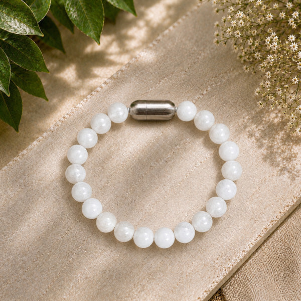 "Premium natural White Moon Stone Bracelet with polished gemstone beads, crafted for elegance, beauty, and positive energy."