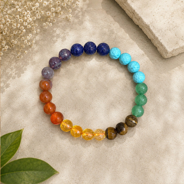 "Premium 7 Chakra Stone Bracelet with natural multi-gemstone beads, crafted for balance, positivity, spiritual energy, and elegant wear."