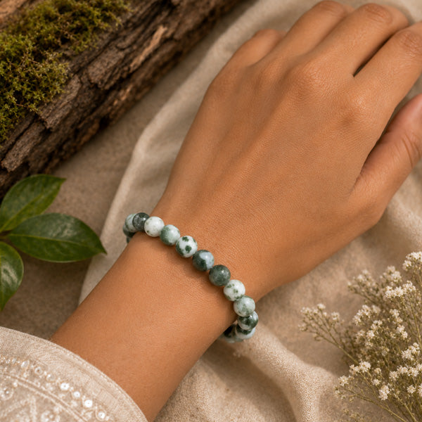 "Premium natural Tree Agate Stone Bracelet with polished gemstone beads, crafted for elegance, beauty, and positive energy."