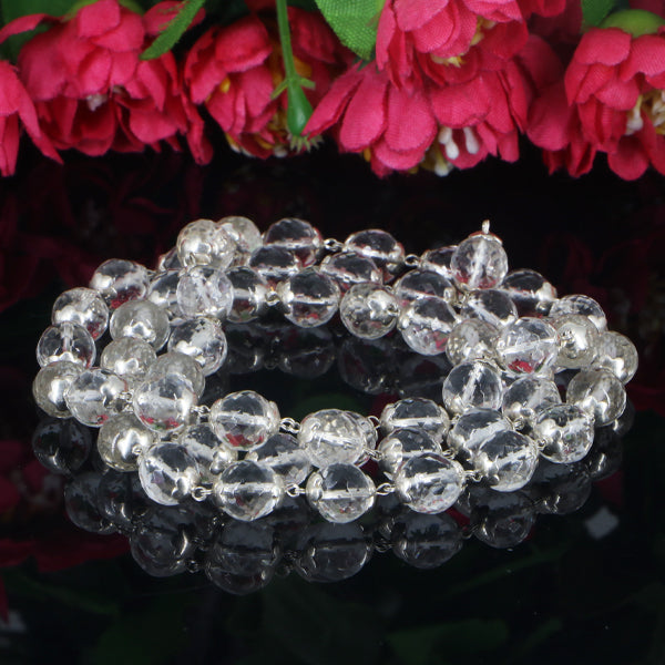 "Premium Diamond Cut Sphatik Mala with polished faceted crystal beads, crafted for elegance, clarity, and spiritual significance."