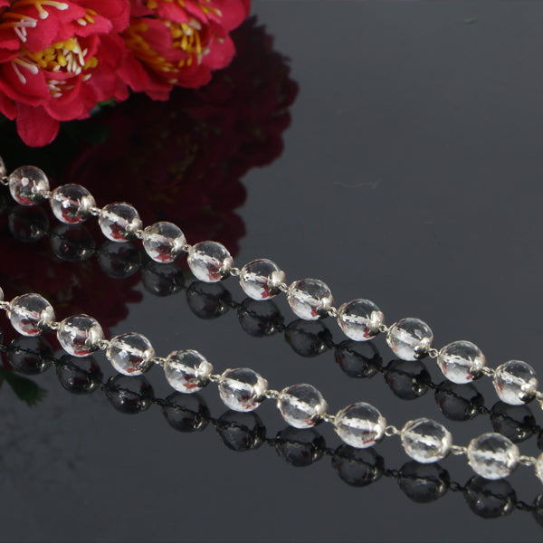 "Premium Diamond Cut Sphatik Mala with polished faceted crystal beads, crafted for elegance, clarity, and spiritual significance."