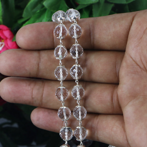 "Premium Diamond Cut Sphatik Mala with polished faceted crystal beads, crafted for elegance, clarity, and spiritual significance."