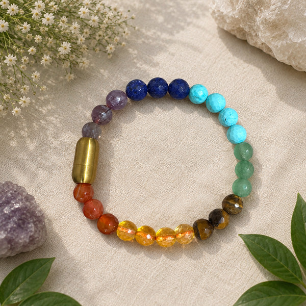 "Premium 7 Chakra Stone Bracelet with natural multi-gemstone beads, crafted for balance, positivity, spiritual energy, and elegant wear."