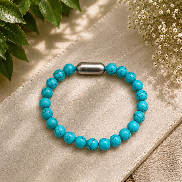 "Premium natural Turquoise (Firoza) Stone Bracelet with polished gemstone beads, crafted for elegance, beauty, and positive energy."
