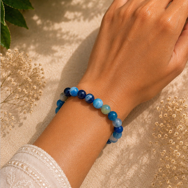 "Premium natural Blue Banded Agate Stone Bracelet with polished gemstone beads, crafted for elegance, beauty, and positive energy."