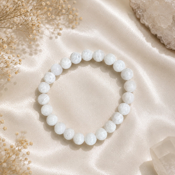 "Premium natural White Moon Stone Bracelet with polished gemstone beads, crafted for elegance, beauty, and positive energy."