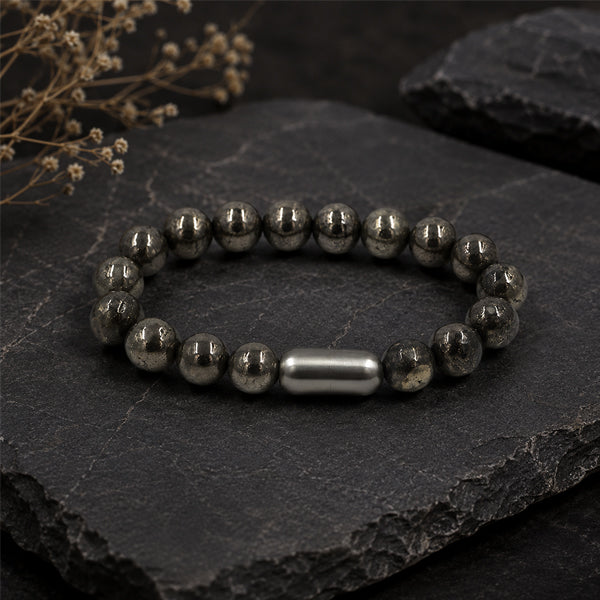 "Pyrite Stone Bracelet featuring natural Pyrite beads with a stylish design, associated with confidence, prosperity, and positive energy."