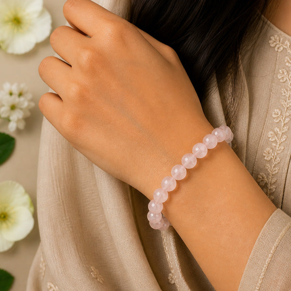 "Premium natural Rose Quartz Stone Bracelet with polished gemstone beads, crafted for elegance, beauty, and positive energy."
