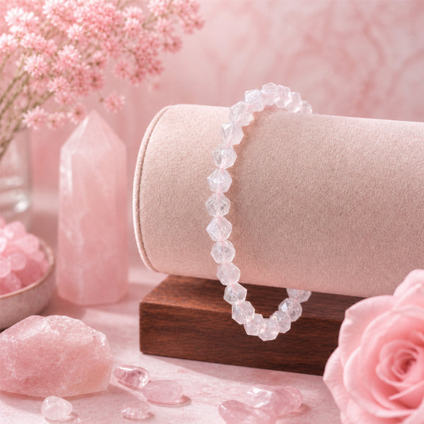"Premium Diamond Cut Rose Quartz Stone Bracelet with polished faceted gemstone beads, crafted for elegance, beauty, and positive energy."