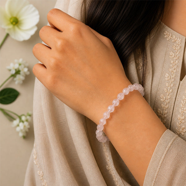 "Premium Diamond Cut Rose Quartz Stone Bracelet with polished faceted gemstone beads, crafted for elegance, beauty, and positive energy."