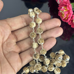 "Radha Naam Tulsi Mala with pure silver elements, crafted from sacred Tulsi beads with elegant spiritual detailing."