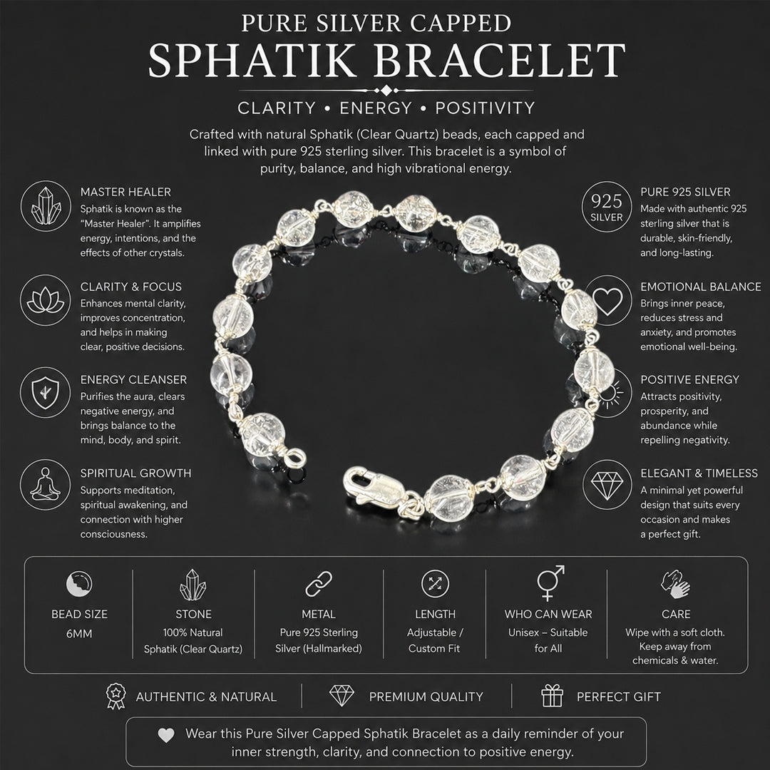 "Premium Sphatik Crystal Bracelet with pure silver, featuring natural crystal beads for elegance, clarity, and positive energy."