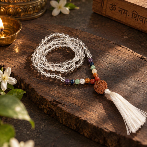 7 Chakra Sphatik mala with 7 Mukhi Guru Bead