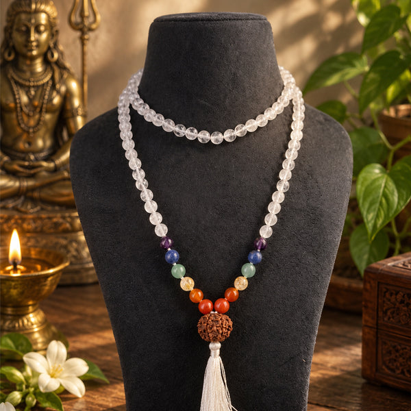 7 Chakra Sphatik mala with 7 Mukhi Guru Bead
